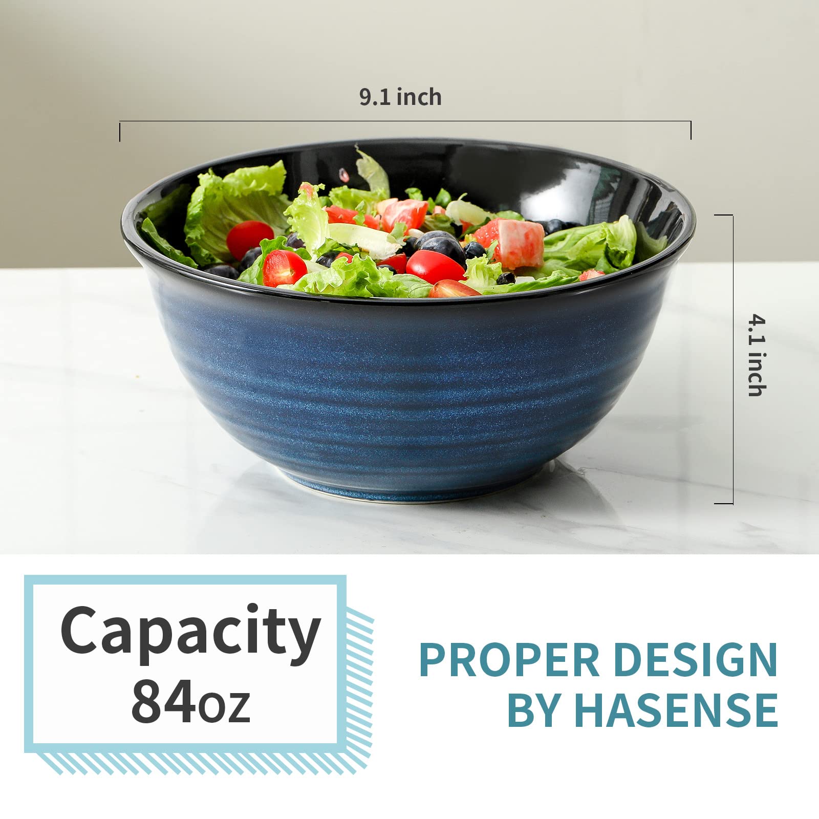 HASENSE stackable blue ceramic bowls save cabinet space while serving meals.