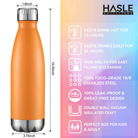 HASLE OUTFITTERS 17oz orange bottle packaging image conveys eco-friendly materials.