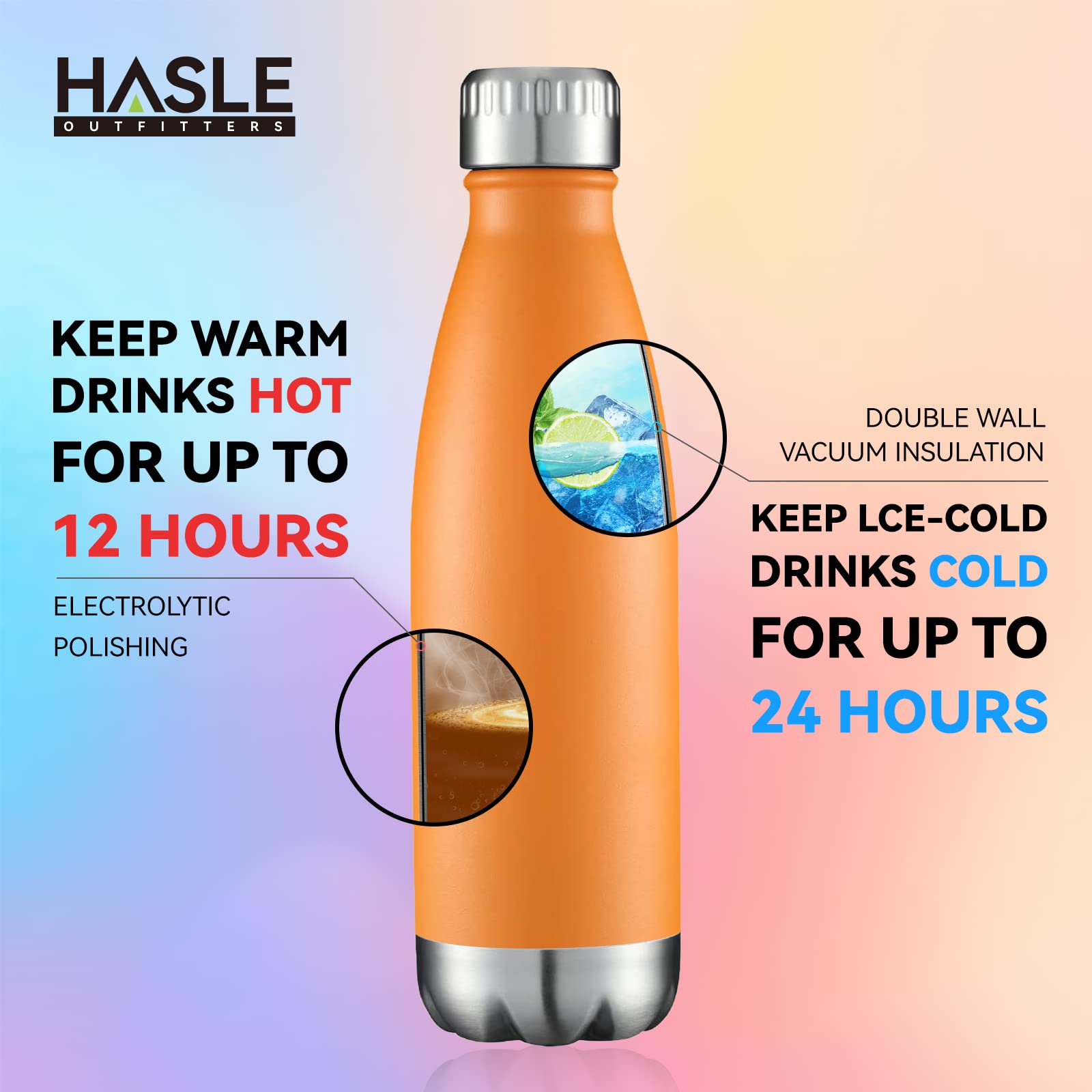 HASLE OUTFITTERS 17oz orange bottle side detail showcases double-wall construction.