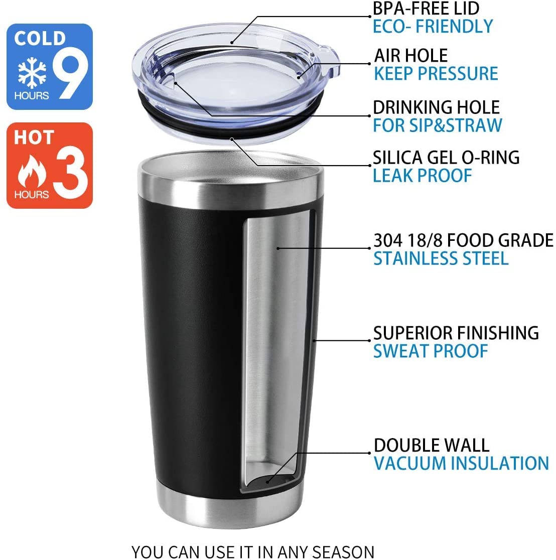 HASLE OUTFITTERS black 20oz tumbler with powder-coated grip for comfortable handling.