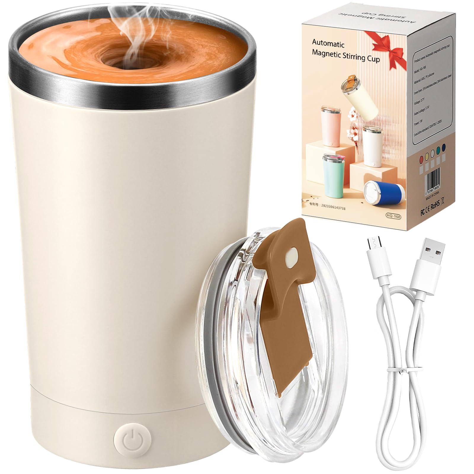 Hatisan self-stirring mug with beige lid for perfect coffee on the go.