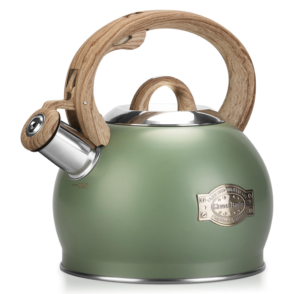 Hauce Radio tea kettle with wood-pattern handle for comfortable gripping