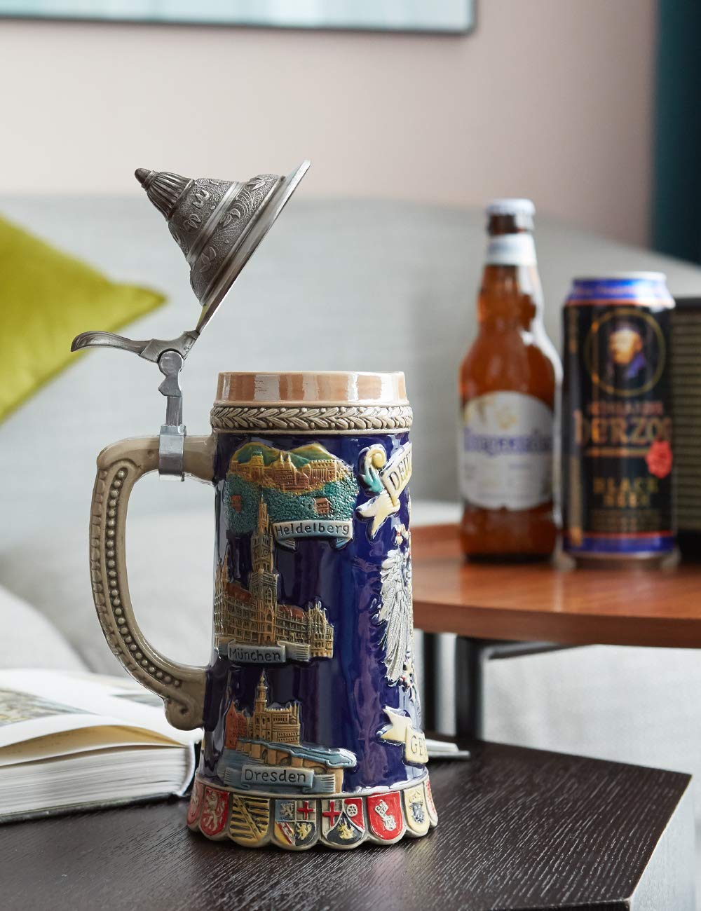 HAUCOZE ceramic mug with lead-free pewter lid and durable glaze
