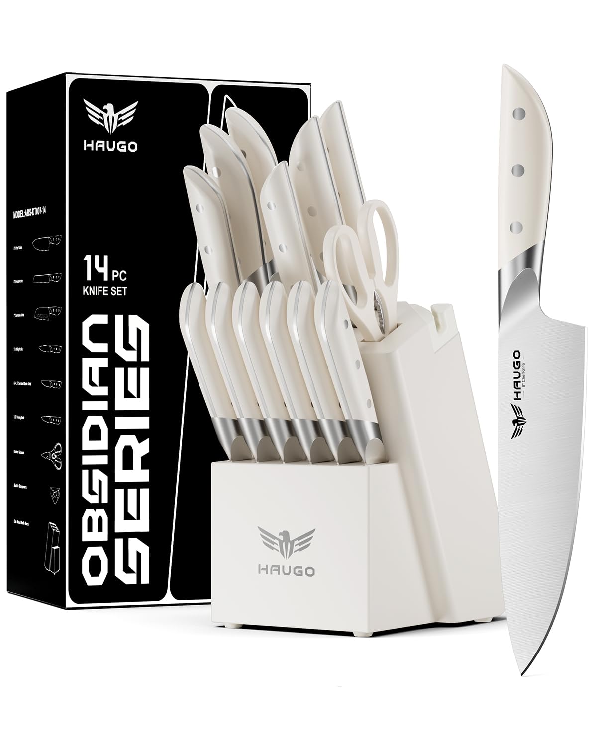 Haugo 14-piece cream white knife set with block for versatile kitchen prep