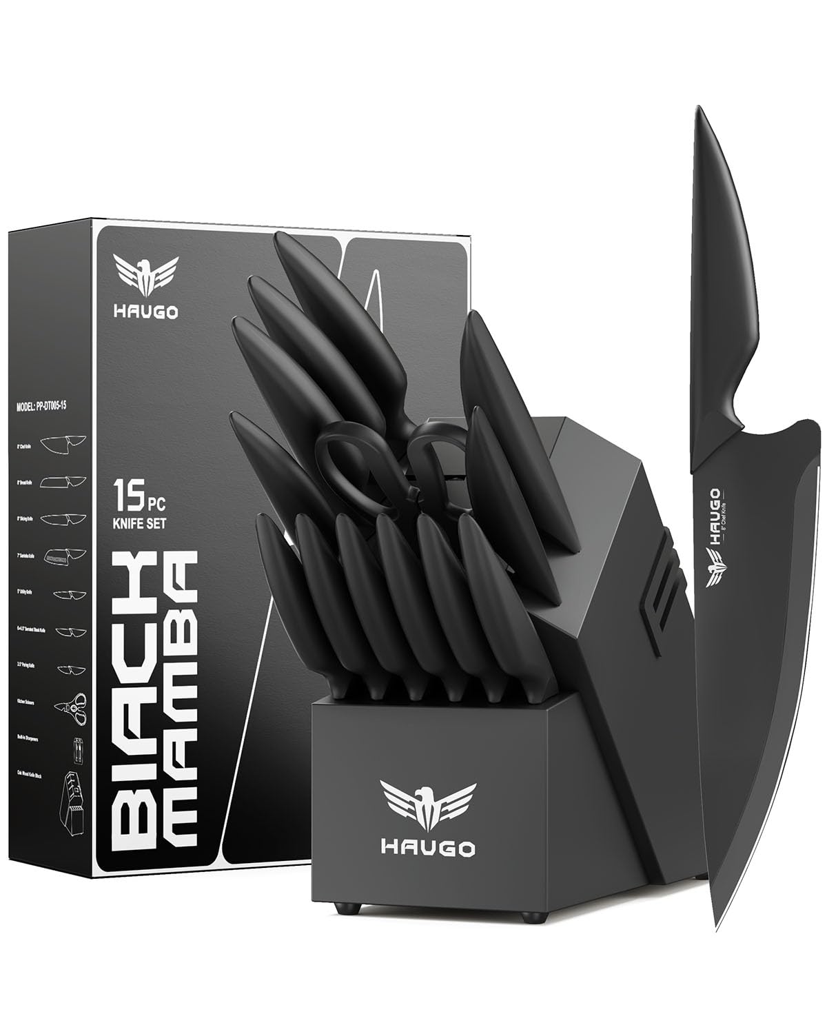 Haugo Black Mamba knife block with built-in sharpener for edge maintenance.