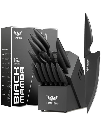 Haugo Black Mamba knife block with built-in sharpener for edge maintenance.