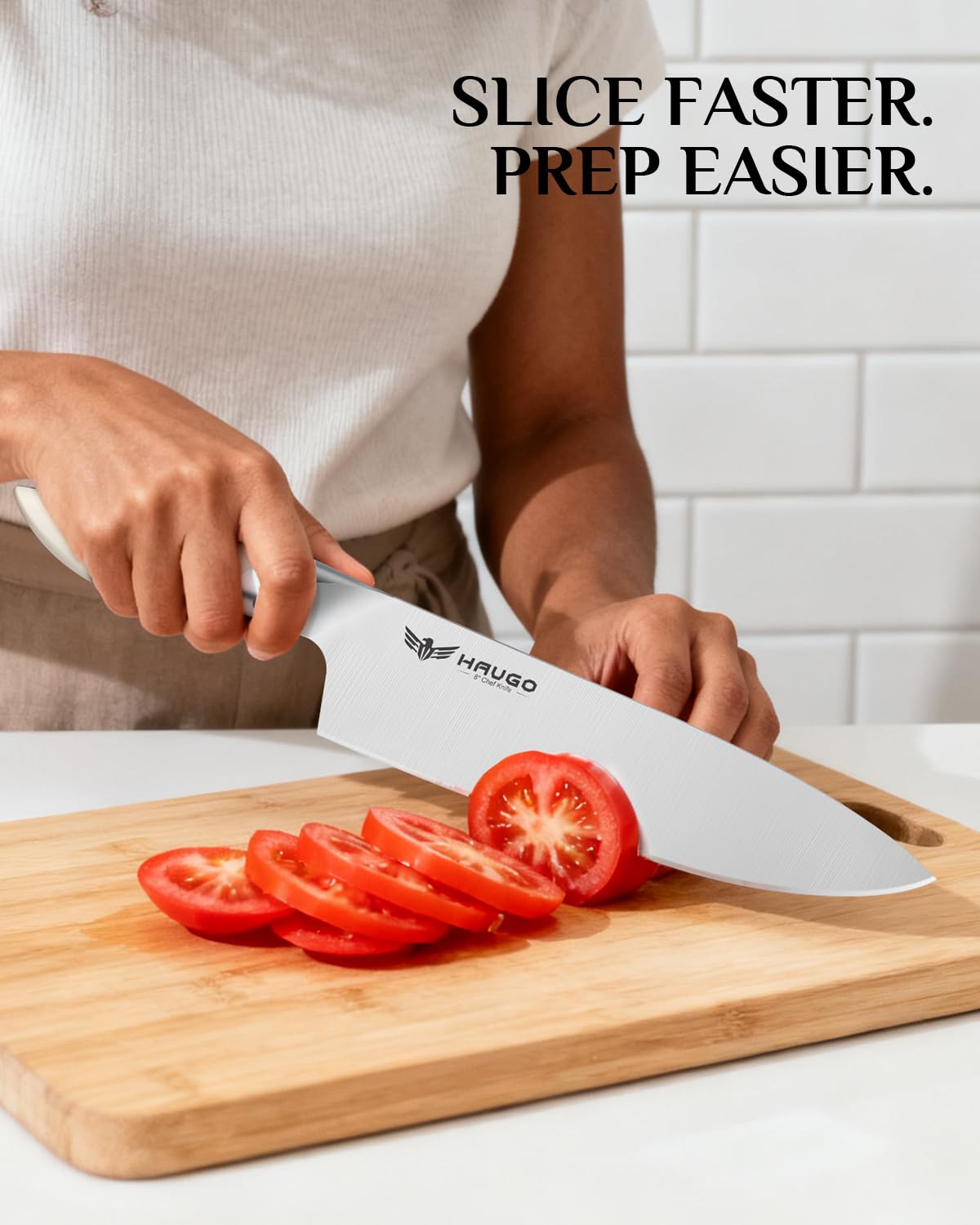 Haugo cream white steak knives for effortless sharing and portioning