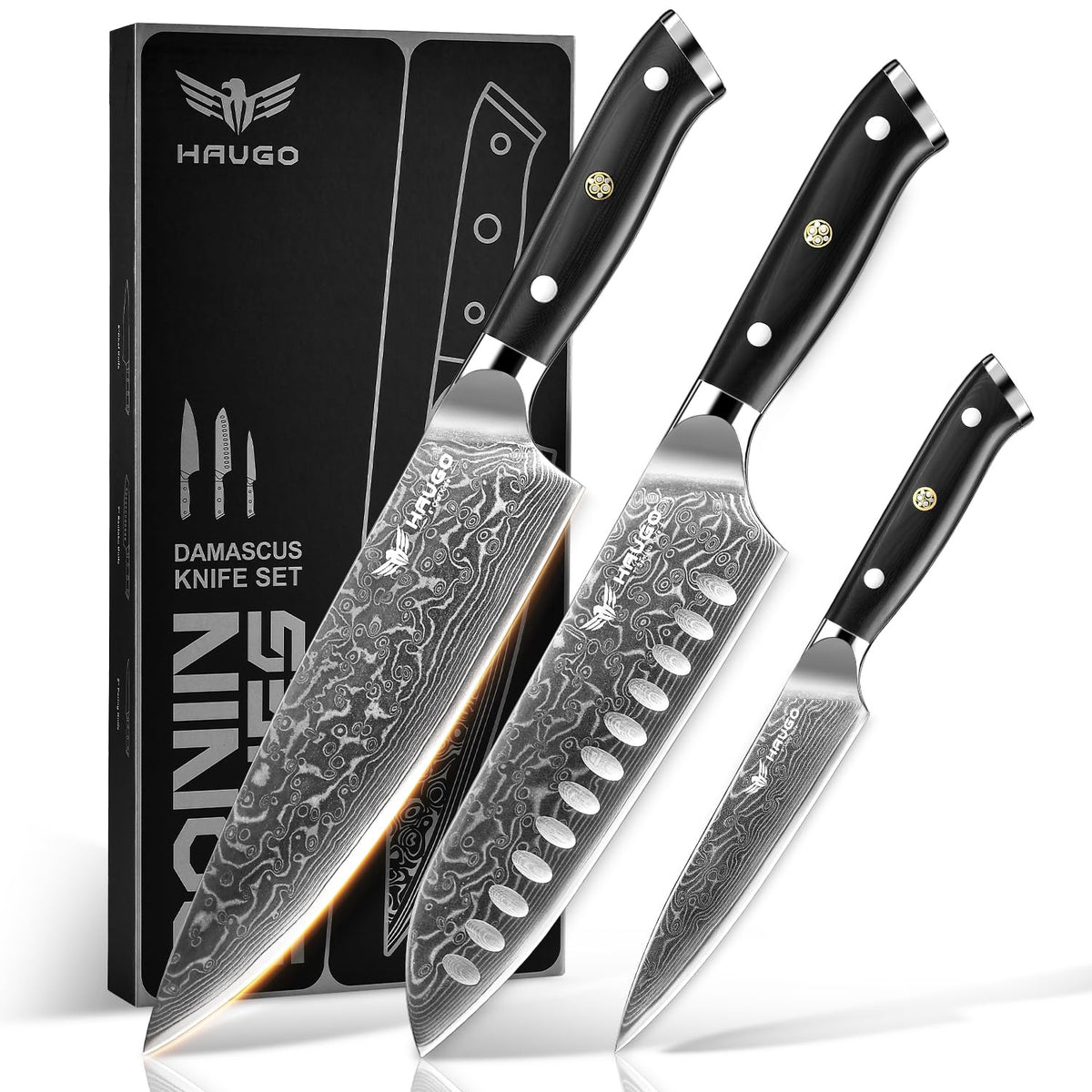 Haugo Damascus 8-inch chef knife blade ready for precise vegetable and meat slicing.