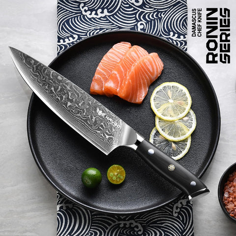 Haugo Damascus knife with VG10 core and 67 layers for lasting sharpness and durability.