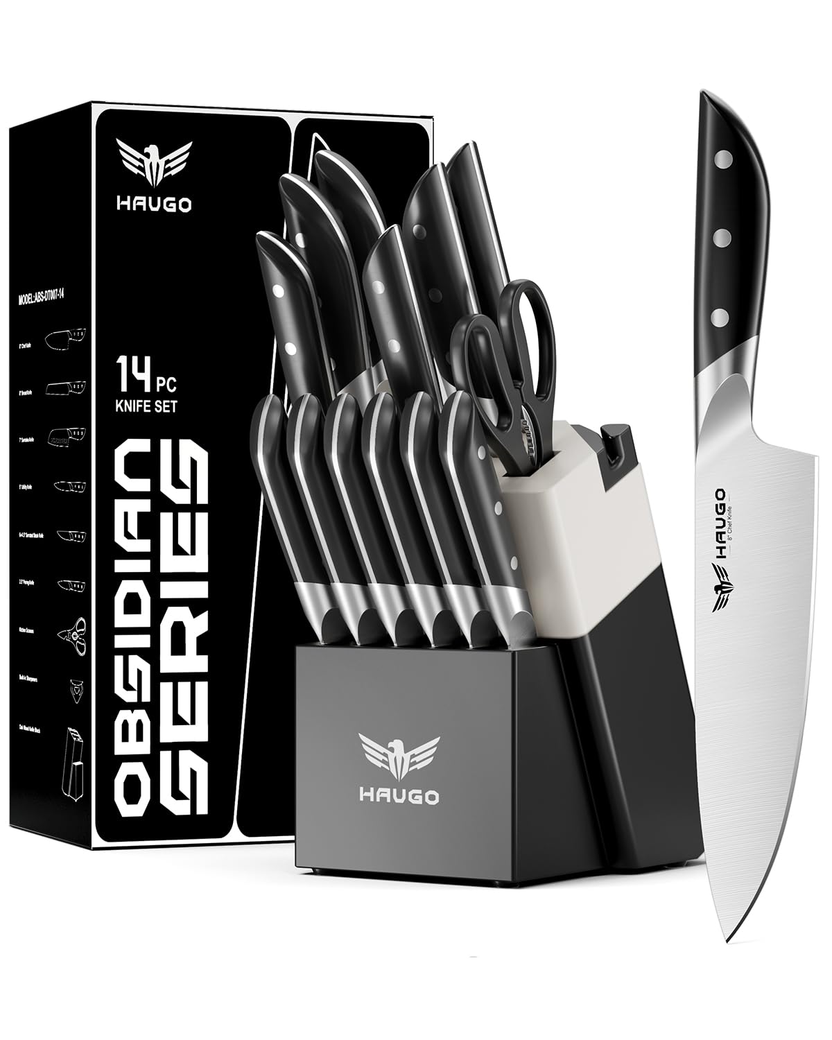 Haugo Obsidian 14-piece knife set displayed with block for organized kitchen prep
