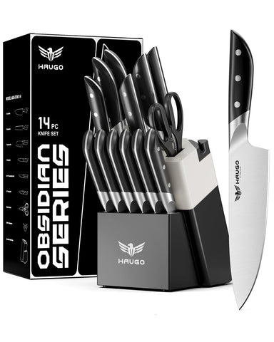 Haugo Obsidian 14-piece knife set displayed with block for organized kitchen prep
