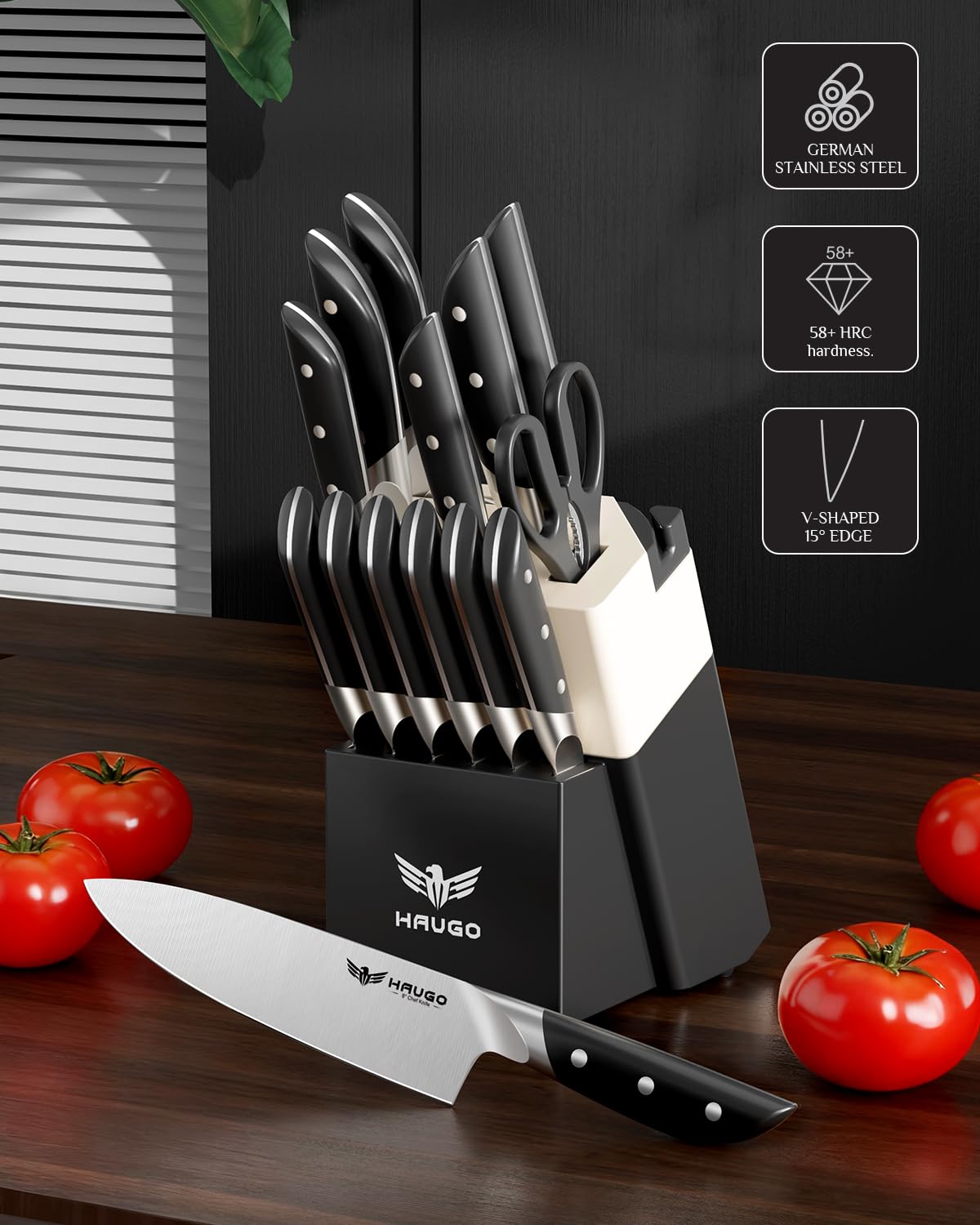Haugo Obsidian 8-inch slicing knife ready for clean cuts
