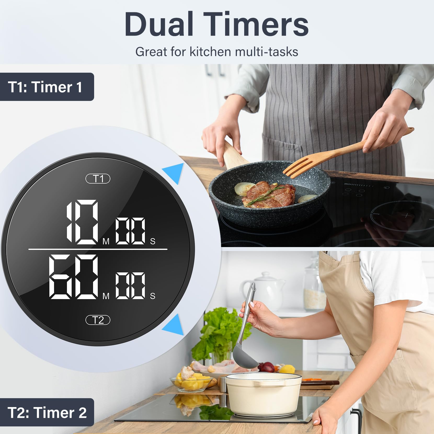 HAUKINIX timer side view showing dual channels for multitasking during cooking.