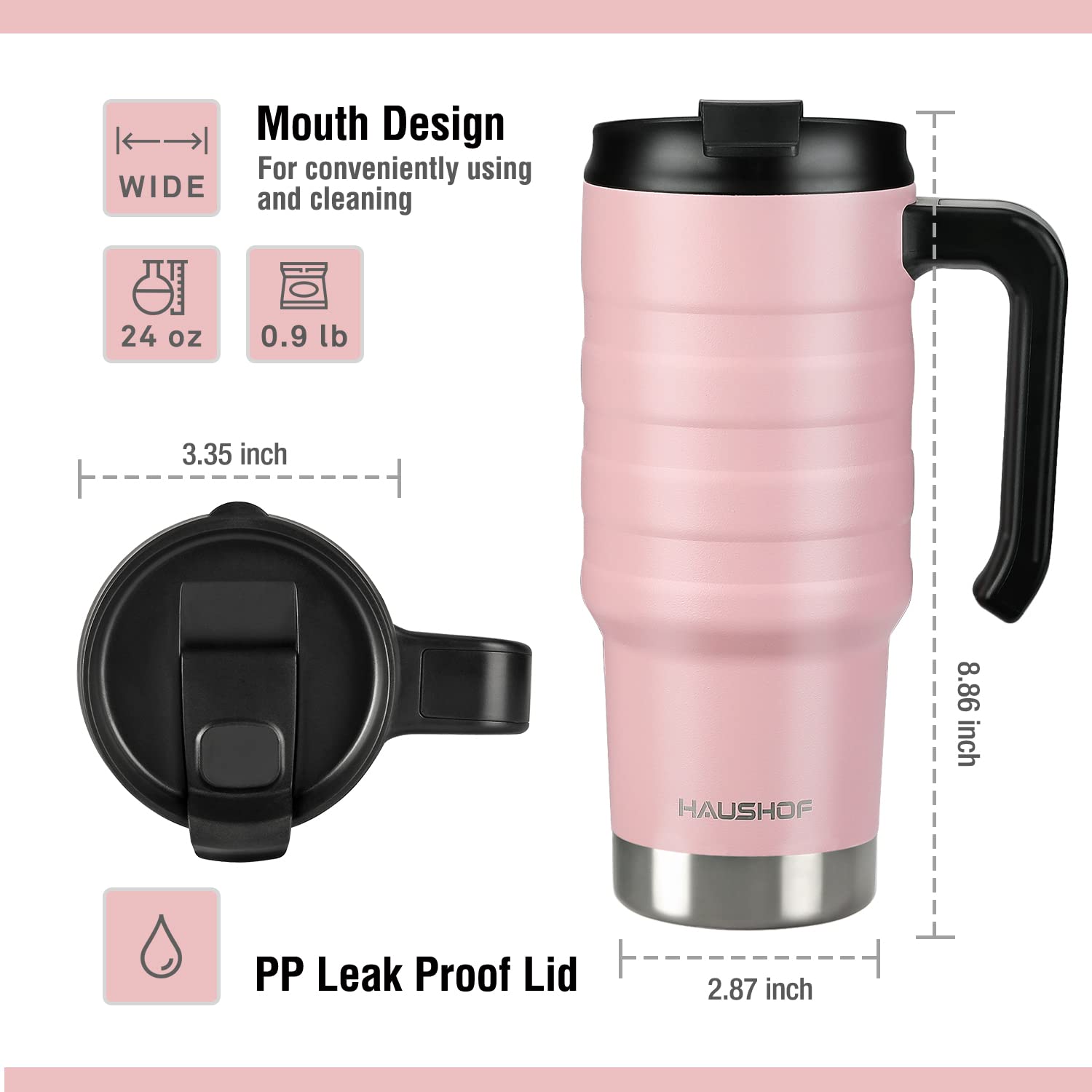 HAUSHOF pink travel mug with a comfortable handle for easy commuting.