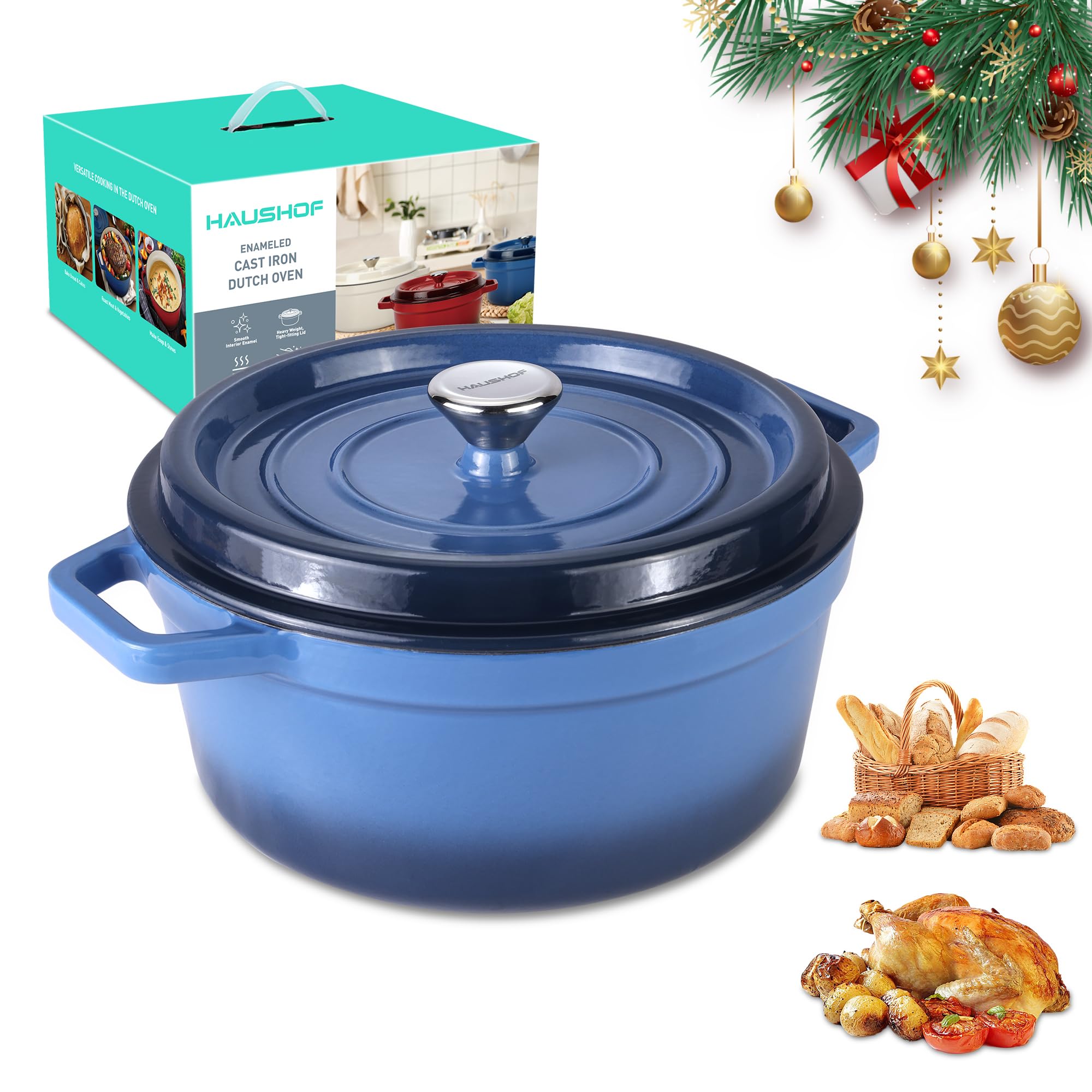 HAUSHOF 5.3QT enameled cast iron Dutch oven in blue, great for even braises.