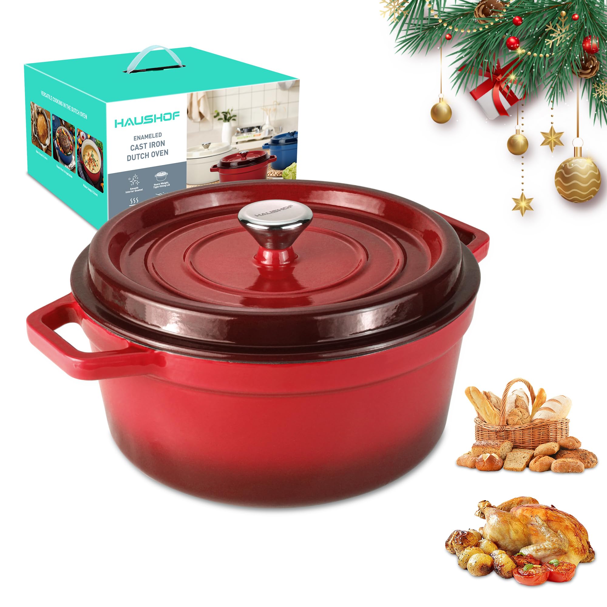HAUSHOF 5.3qt enamelled Dutch oven red lid for even heat distribution