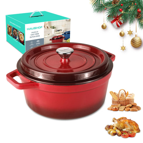 HAUSHOF 5.3qt enamelled Dutch oven red lid for even heat distribution