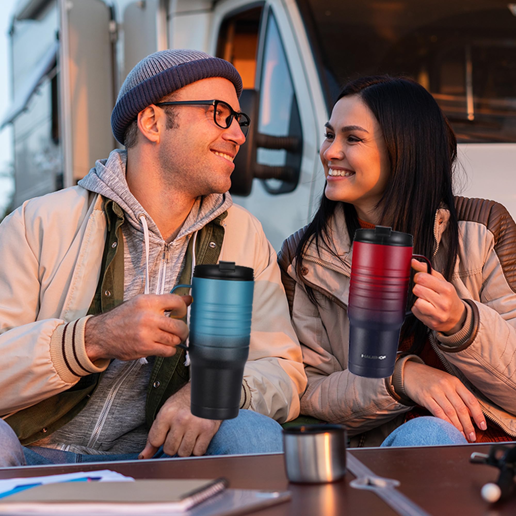 HAUSHOF vacuum insulated mug with double walls keeps drinks hot or cold