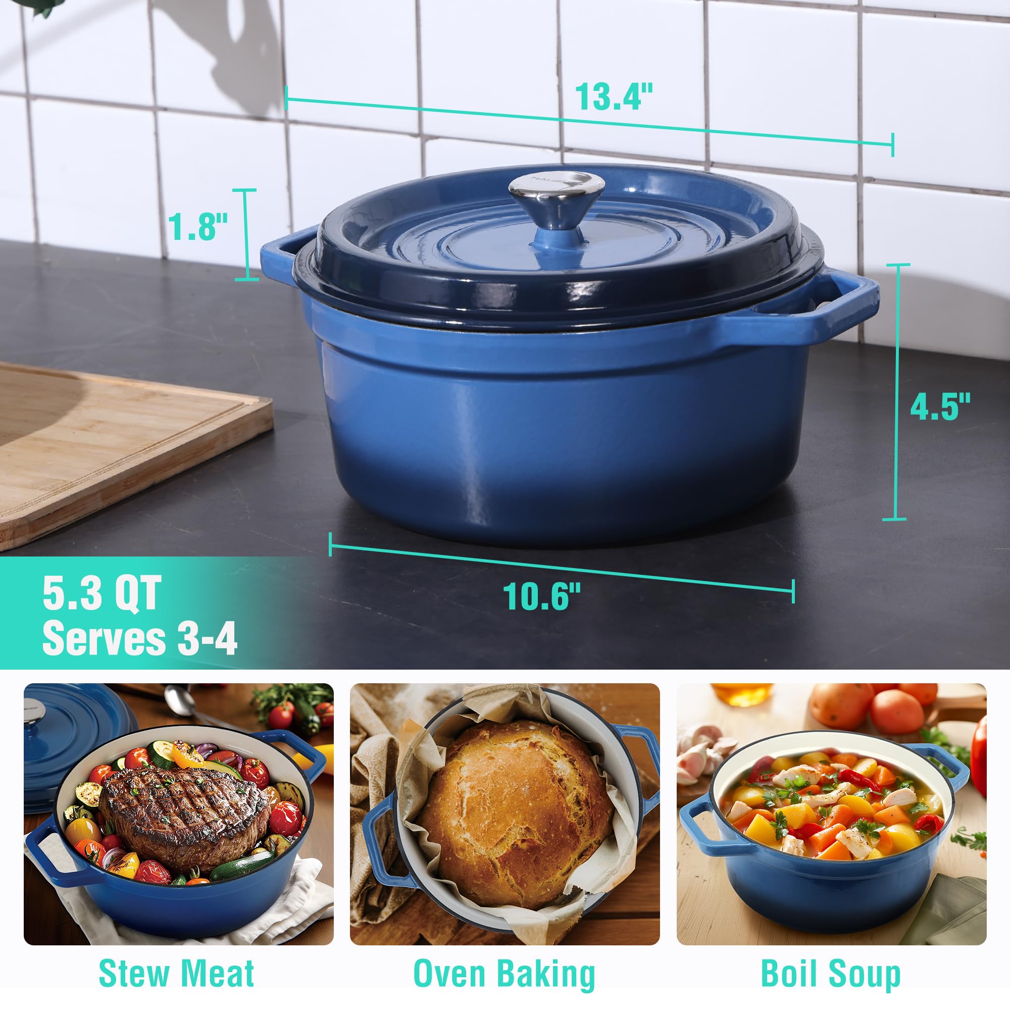 HAUSHOF triple-glazed enamel finish for durable, versatile cooking from stove to oven.