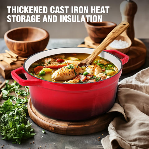 HAUSHOF enamelled Dutch oven showing even heat distribution for consistent cooking