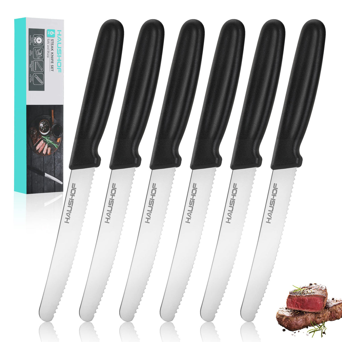 HAUSHOF 6-piece steak knives with black handles for everyday dining and entertaining.