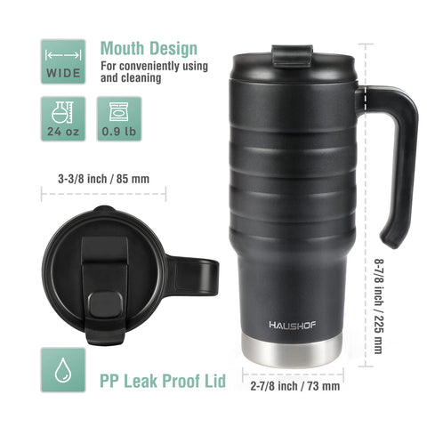 HAUSHOF travel mug wide mouth for ice cubes and easy cleaning.