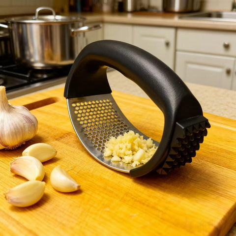 HavenNest garlic press with 220 holes yields evenly minced garlic.
