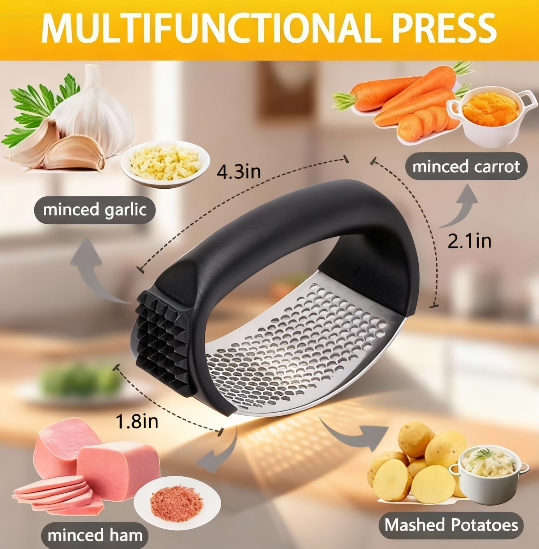 HavenNest garlic press shows a 304 stainless steel body for durability and rust resistance.