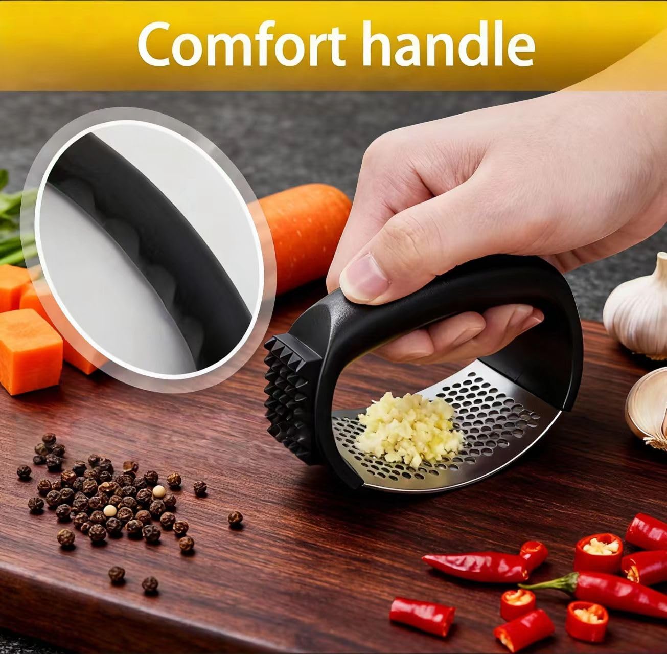 HavenNest garlic press demonstrating rocking action for easy crushing.