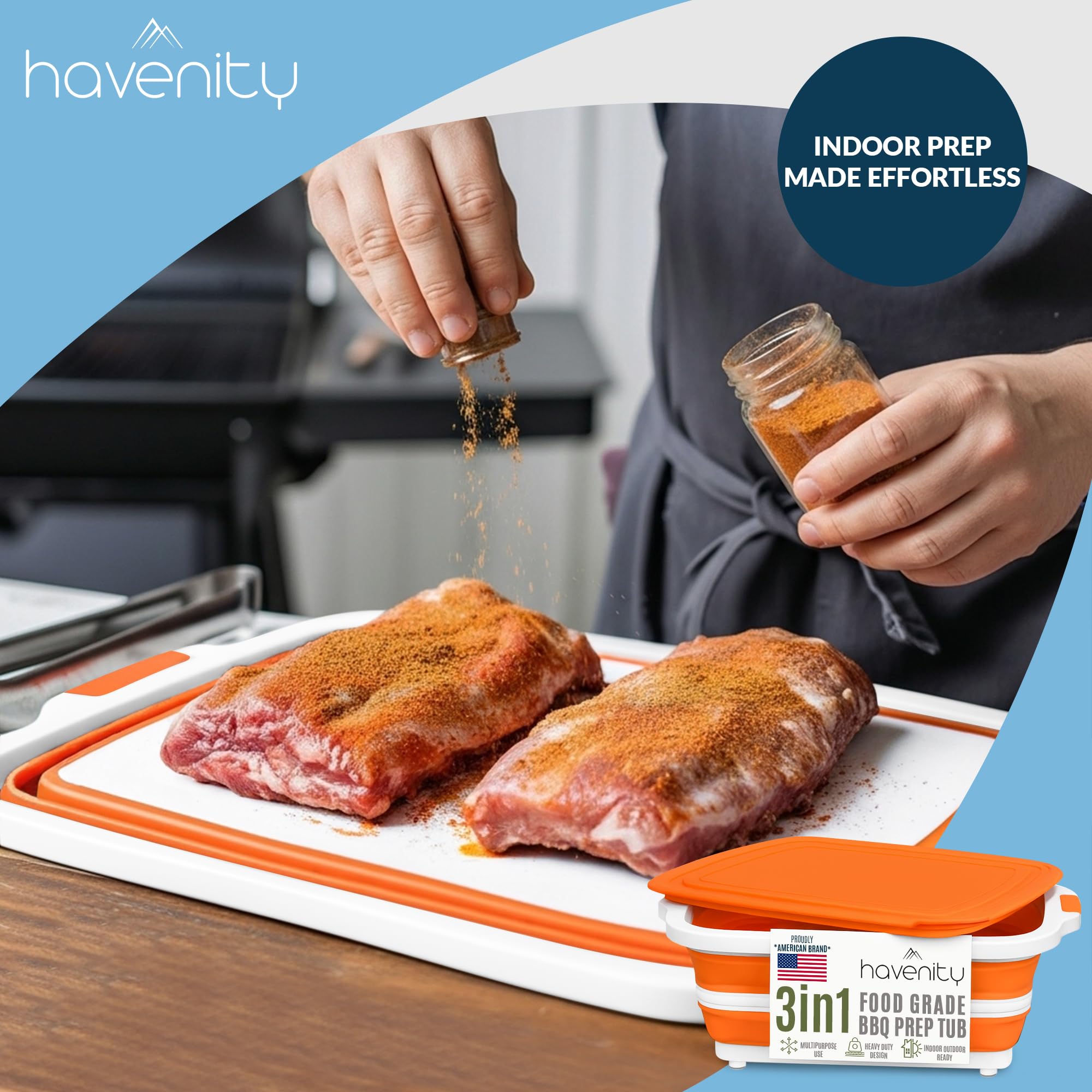 Havenity BBQ Prep Tub with handles simplifies carrying to grill or campsite.