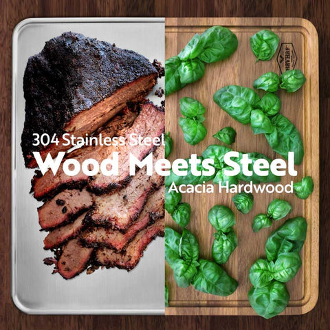 HAVHAF acacia wood dual-side cutting board for prep and serving.