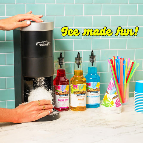 Hawaiian Shaved Ice HomePro syrup bottles with six flavors for flavorful frozen treats