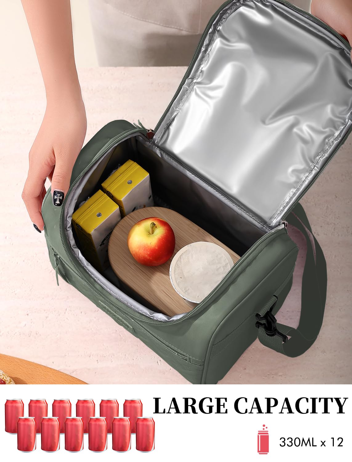 Hawave 8L capacity holds lunch, snacks, and drinks.