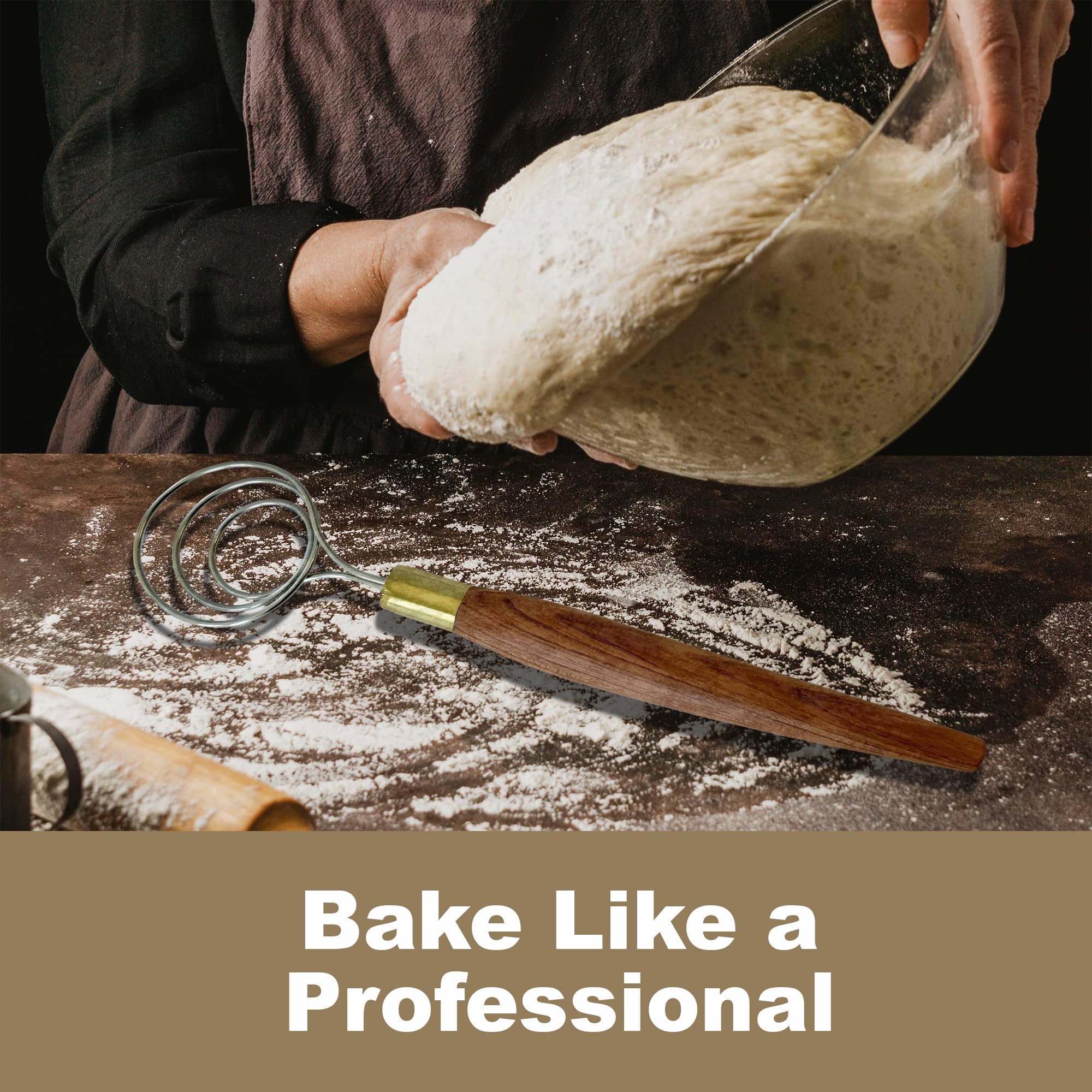 HayJ Danish Dough Whisk in a home bakery setup ready for bread making.