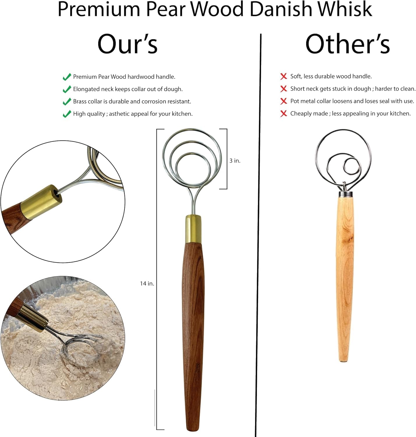 HayJ Danish Dough Whisk ergonomic wooden handle reduces hand fatigue during kneading.