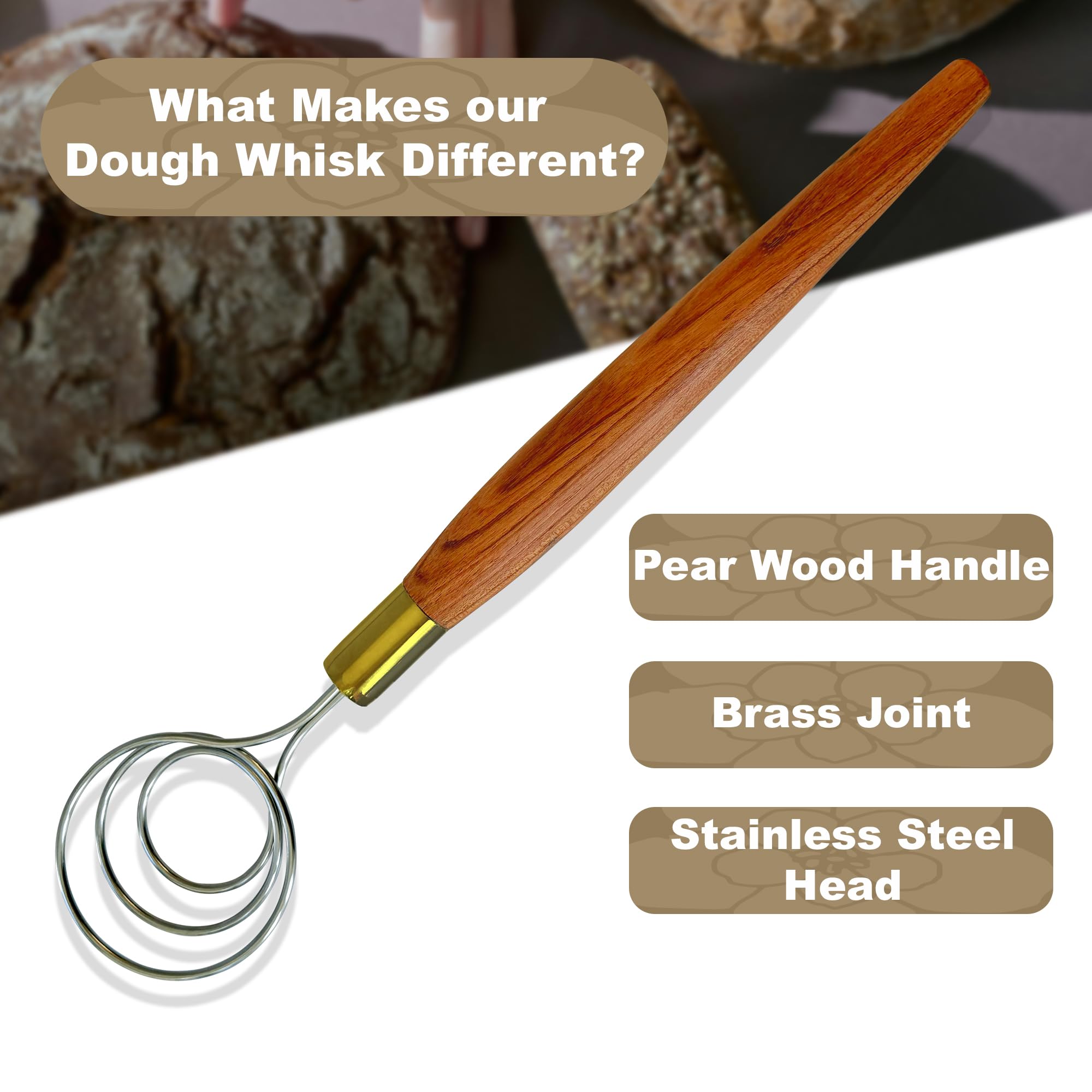 HayJ Danish Dough Whisk close-up of pear wood handle for comfortable grip.