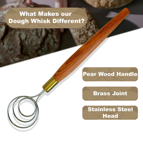 HayJ Danish Dough Whisk close-up of pear wood handle for comfortable grip.