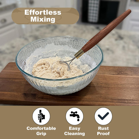 HayJ Danish Dough Whisk blending sourdough and bread dough in a bowl.