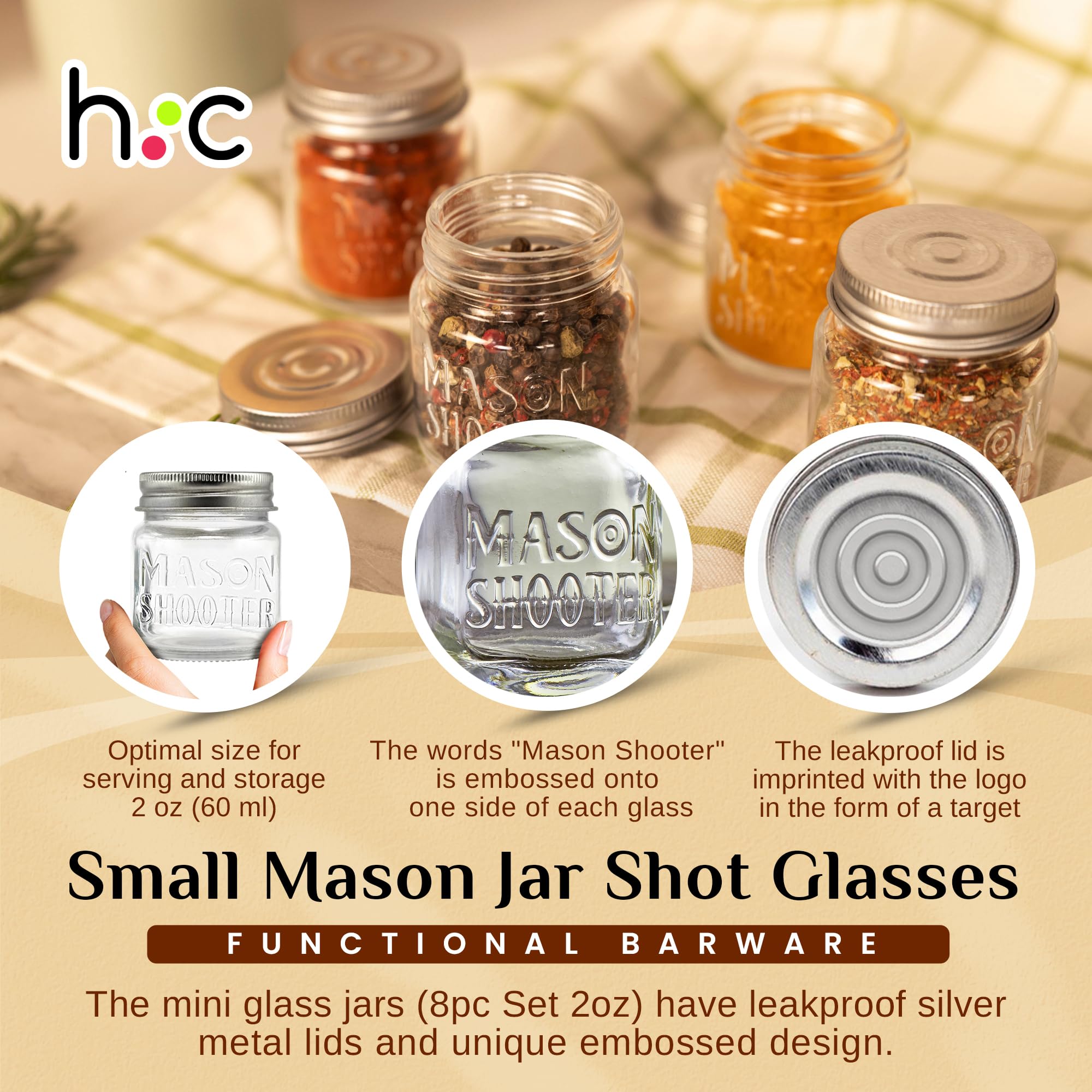 Hayley Cherie 2oz mason shot jar embossed design, perfect for themed parties and display.