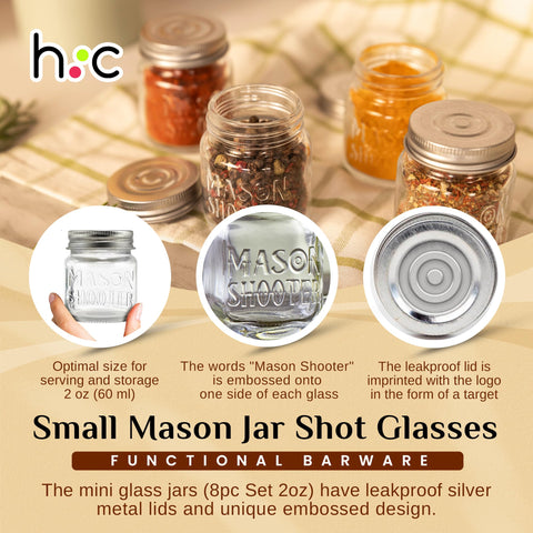 Hayley Cherie 2oz mason shot jar embossed design, perfect for themed parties and display.