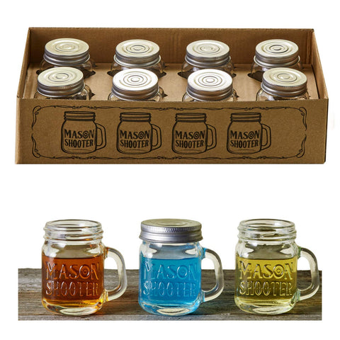Hayley Cherie 8pc mason shot glasses with lids for elegant hosting.