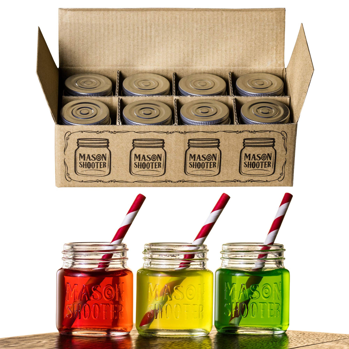 Hayley Cherie small mason jar shot glasses with lids, 2 oz, ideal for home bars and gifting.