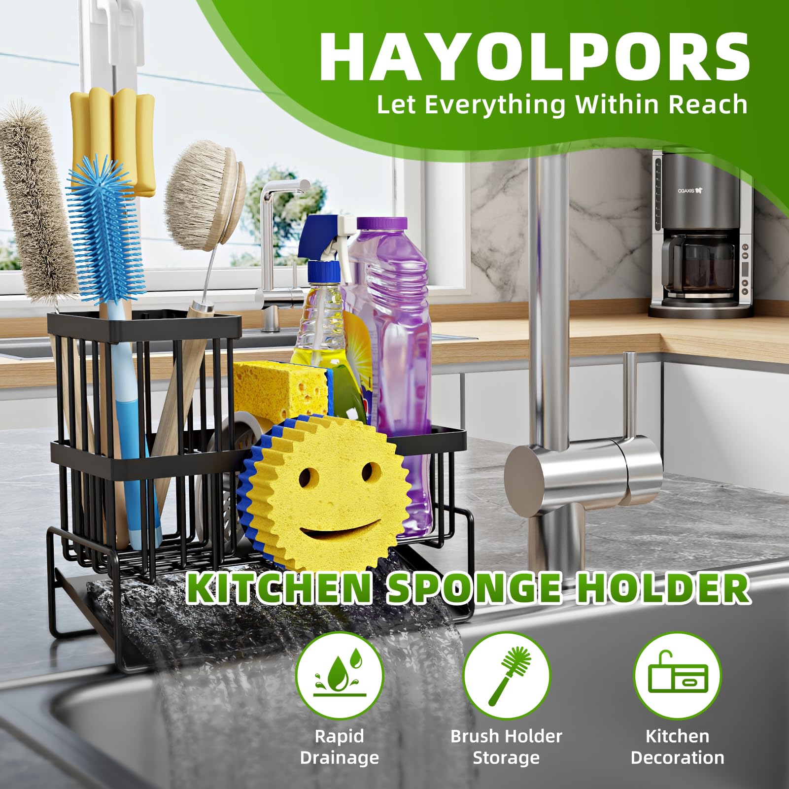 HAYOLPORS compact sink organizer reduces countertop clutter and keeps essentials handy