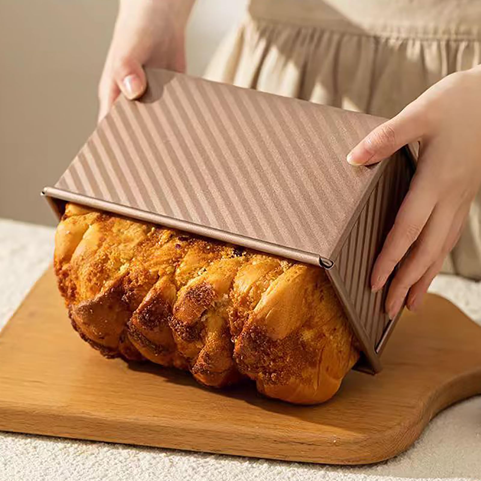 Hazyore pullman bread pan in use with lid for controlled baking