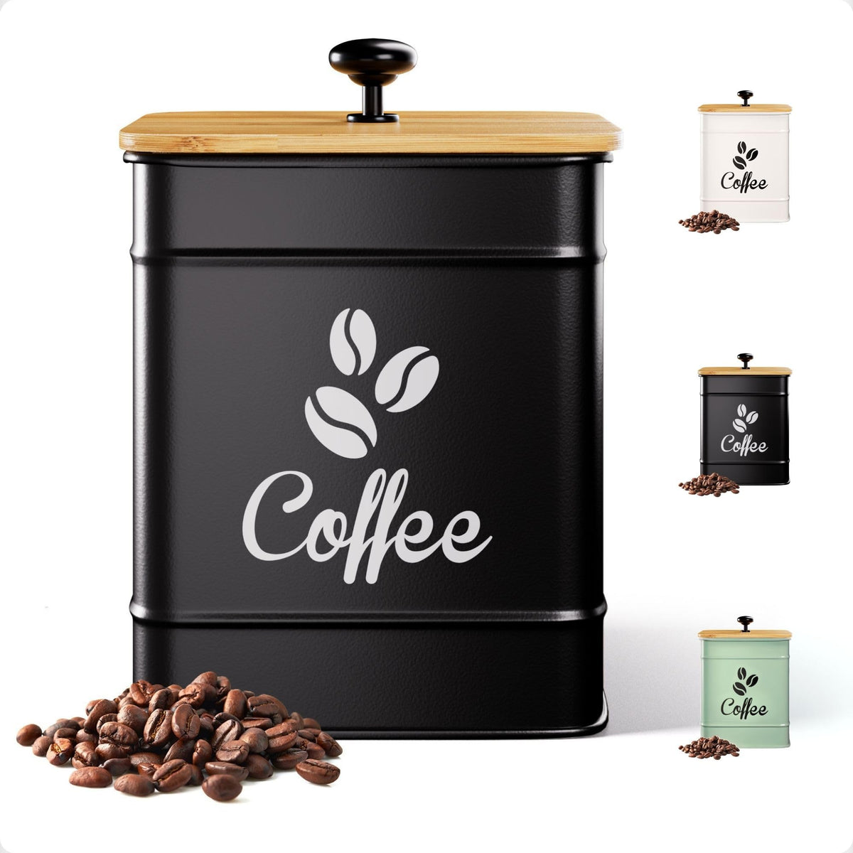 HB Design Co airtight coffee canister in iron black, 40 oz, front-counter display.