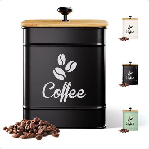 HB Design Co airtight coffee canister in iron black, 40 oz, front-counter display.
