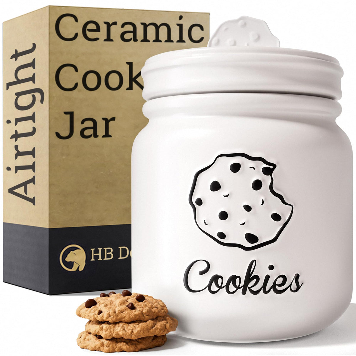 HB Design Co cookie jar with airtight lid in matte white on counter keeps cookies fresh