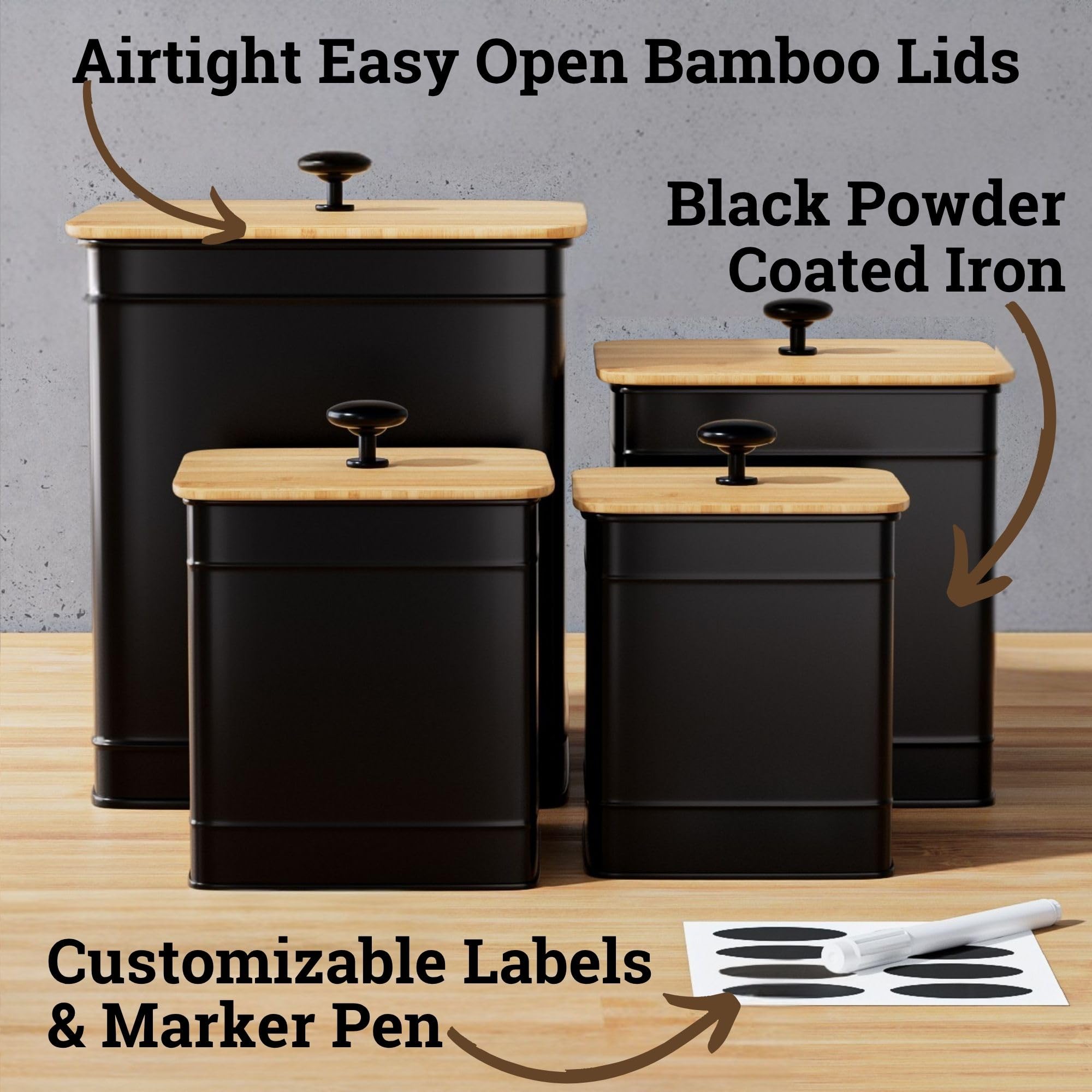 HB Design Co canisters with bamboo lids close-up showing airtight seal for freshness.