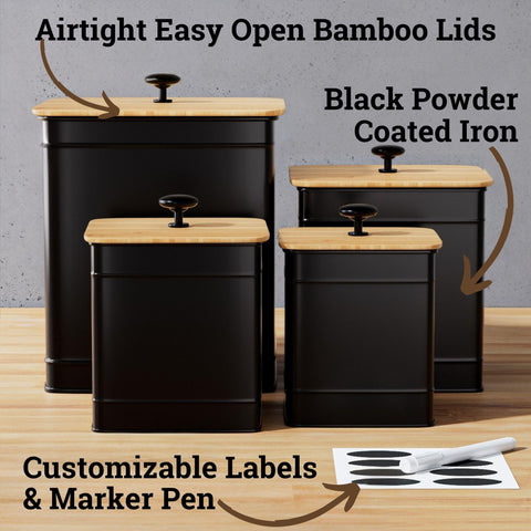 HB Design Co canisters with bamboo lids close-up showing airtight seal for freshness.