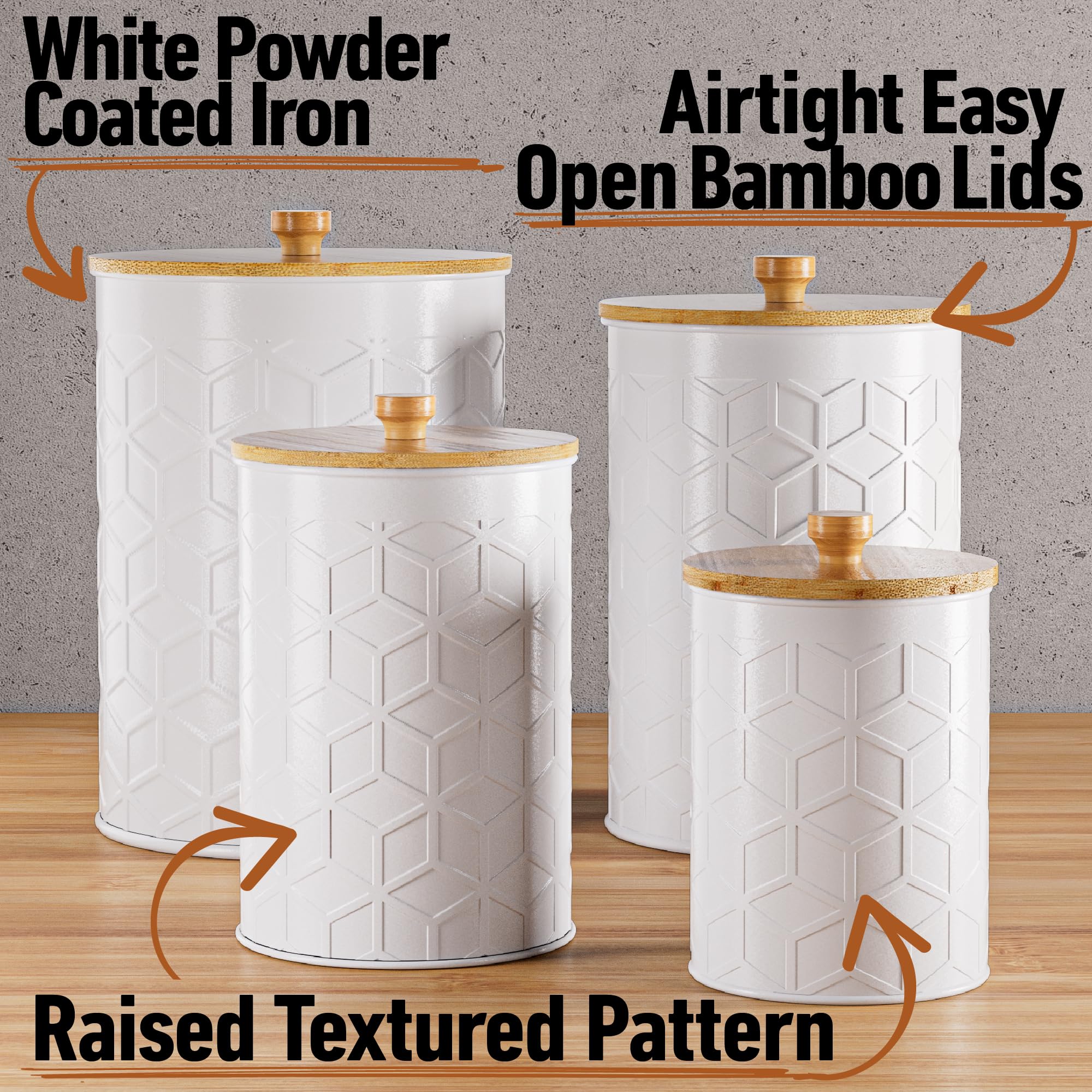 HB Design Co canisters matte white texture with bamboo lids, side view